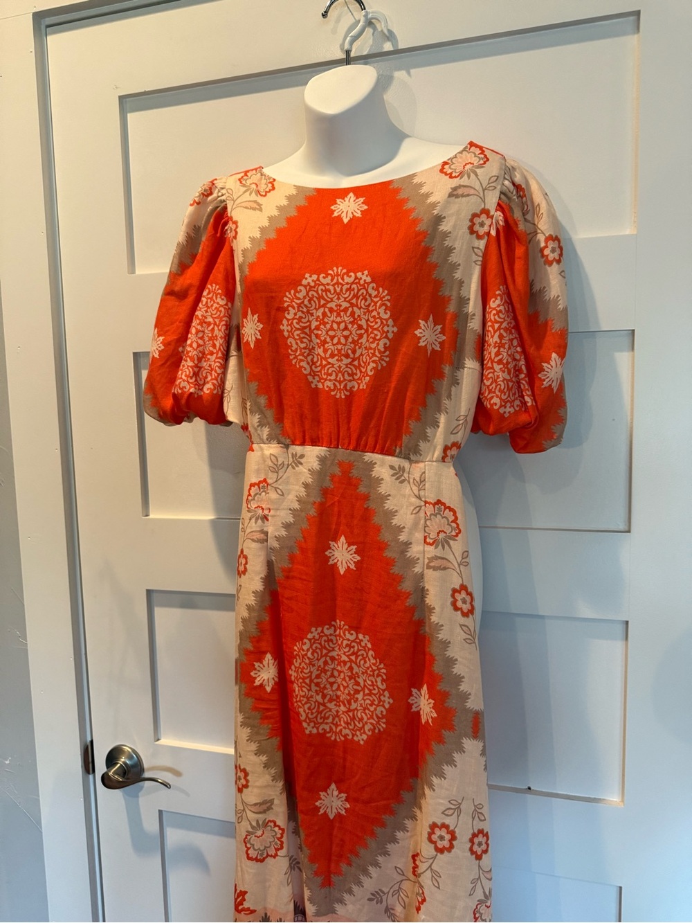 ANTONIO MELANI Orange and Cream Printed Puff-Sleeve Midi Dress - Picture 2 of 4
